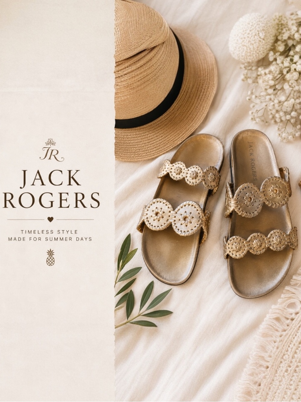 Jack Rogers 10 Rose Gold Leather Double Strap Slide Sandals Whipstitch Medallion